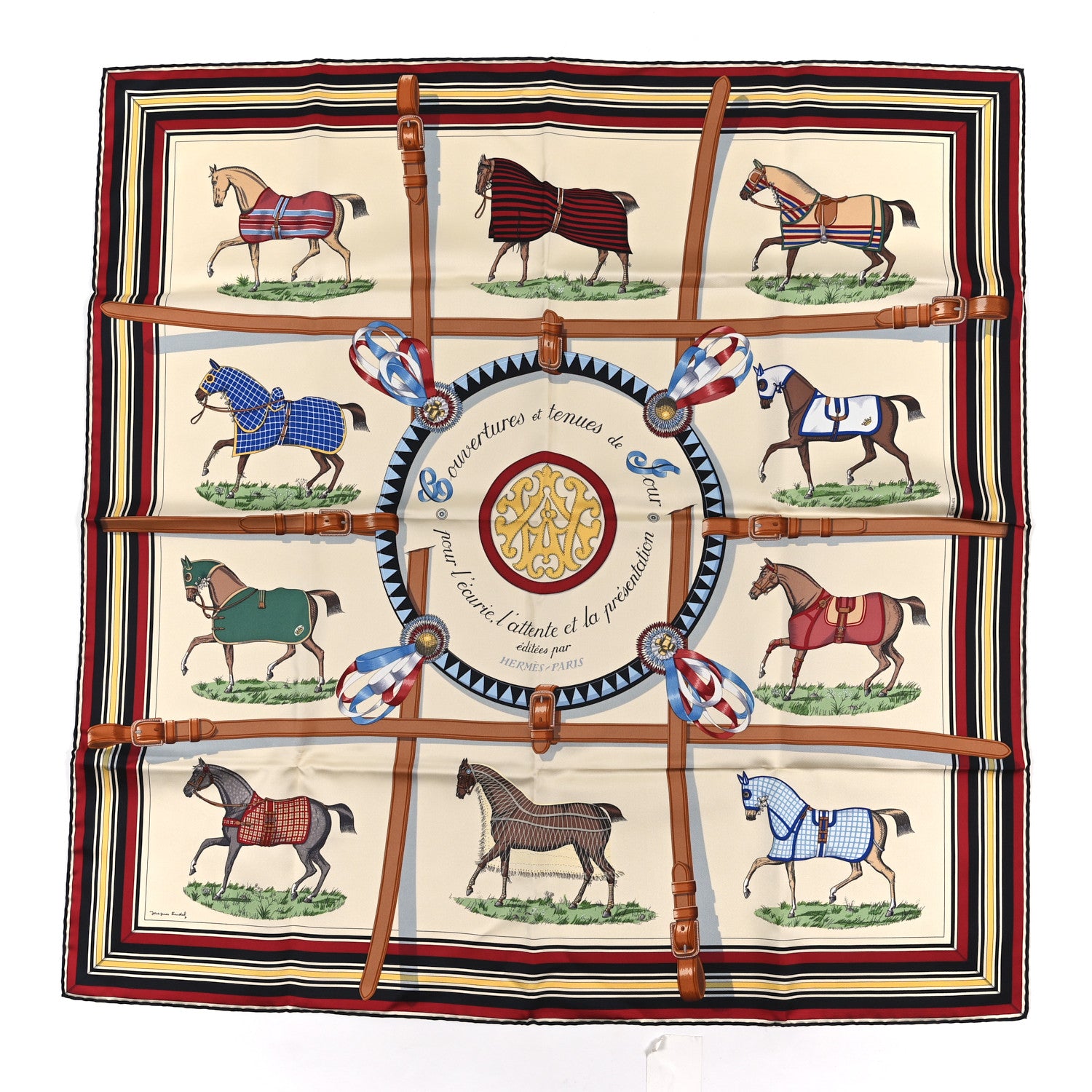 Hermes Silk Couvertures Et Tenues de Jour Scarf 90 Creme Rouge H Bleu 1 of 3