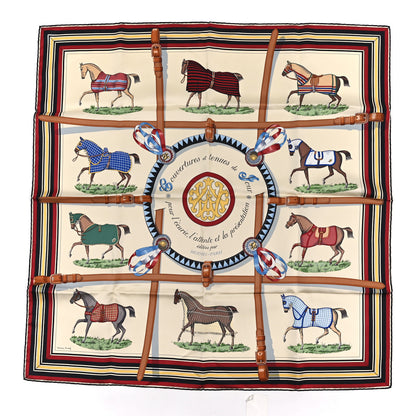 Hermes Silk Couvertures Et Tenues de Jour Scarf 90 Creme Rouge H Bleu 1 of 3