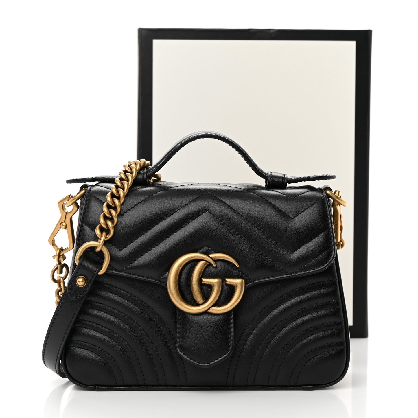 Calfskin Matelasse Mini GG Marmont Top Handle Shoulder Bag Black