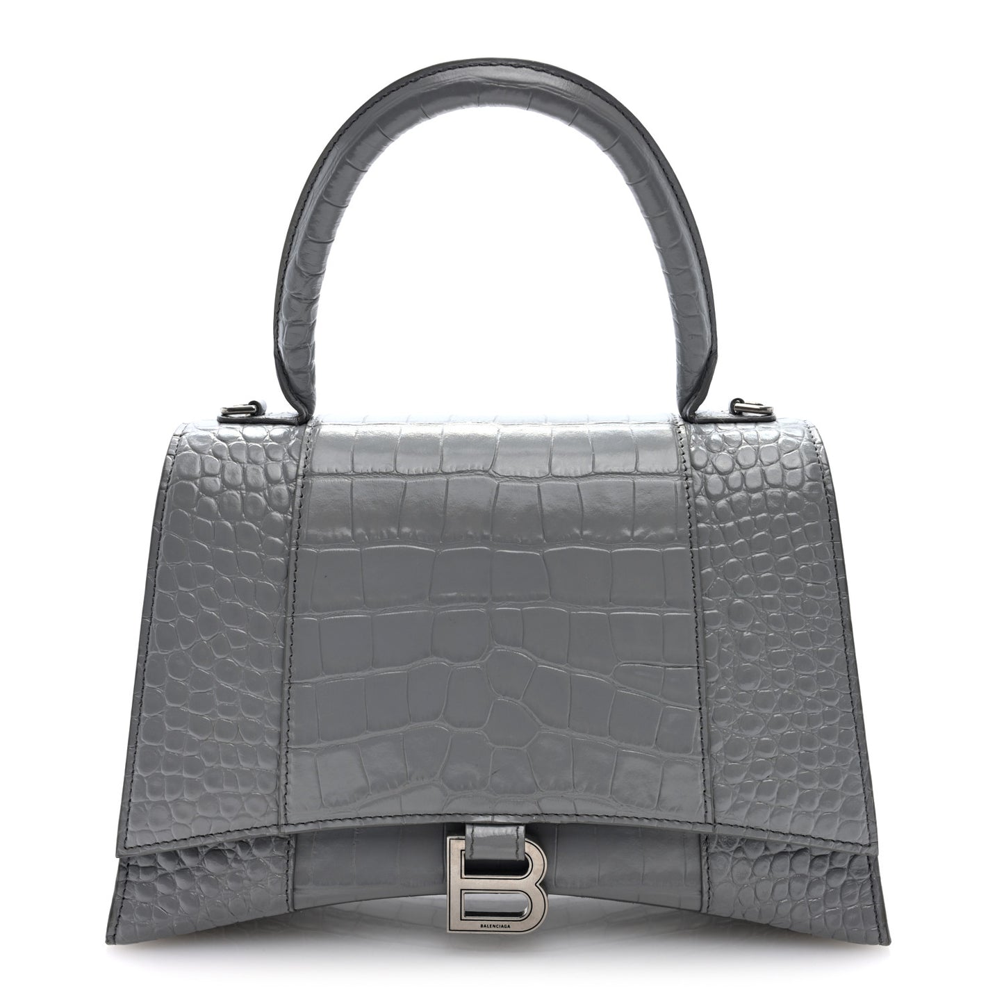 Shiny Calfskin Crocodile Embossed Medium Hourglass Top Handle Bag Balenciaga Grey