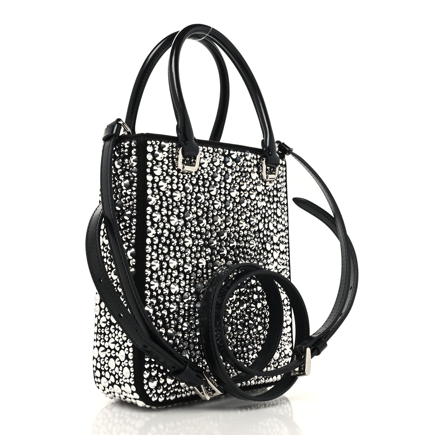 Satin Crystal Metal Triangle Logo Small Double Handle Crossbody Tote Metal