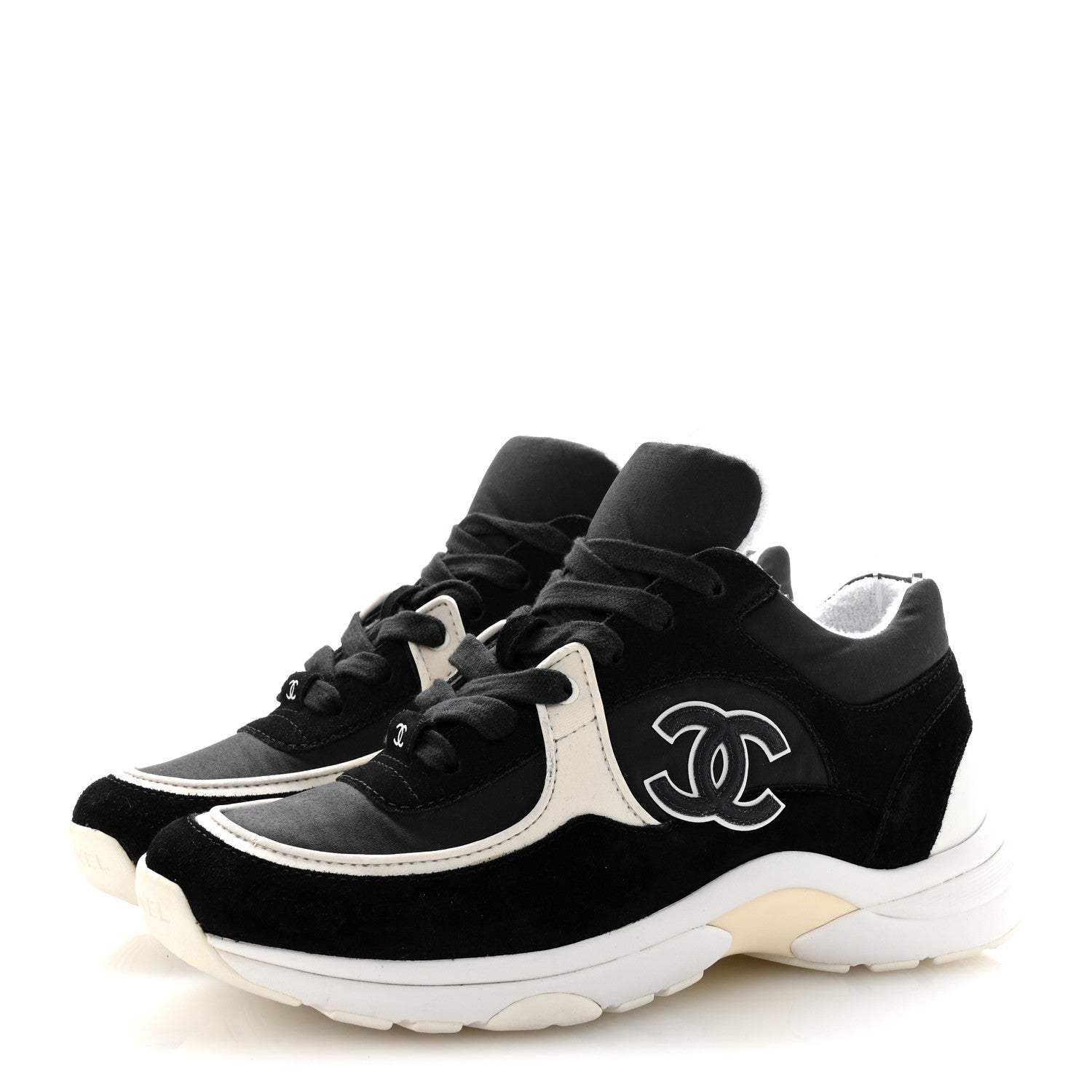 Chanel Fabric Calfskin Suede CC Sneakers 36.5 Black White 4 of 10