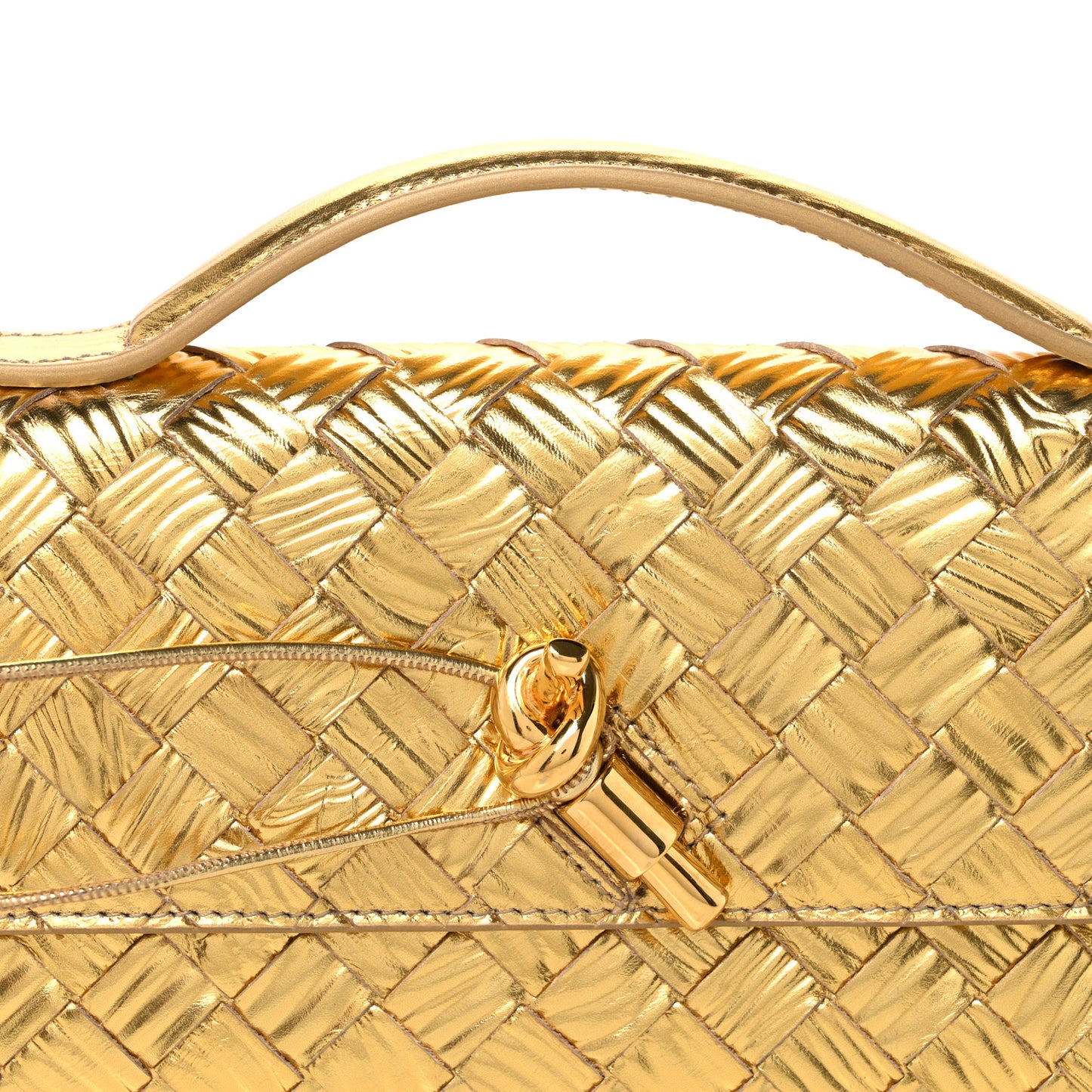 Metallic Satin Lambskin Intrecciato Long Andiamo Top Handle Clutch Gold