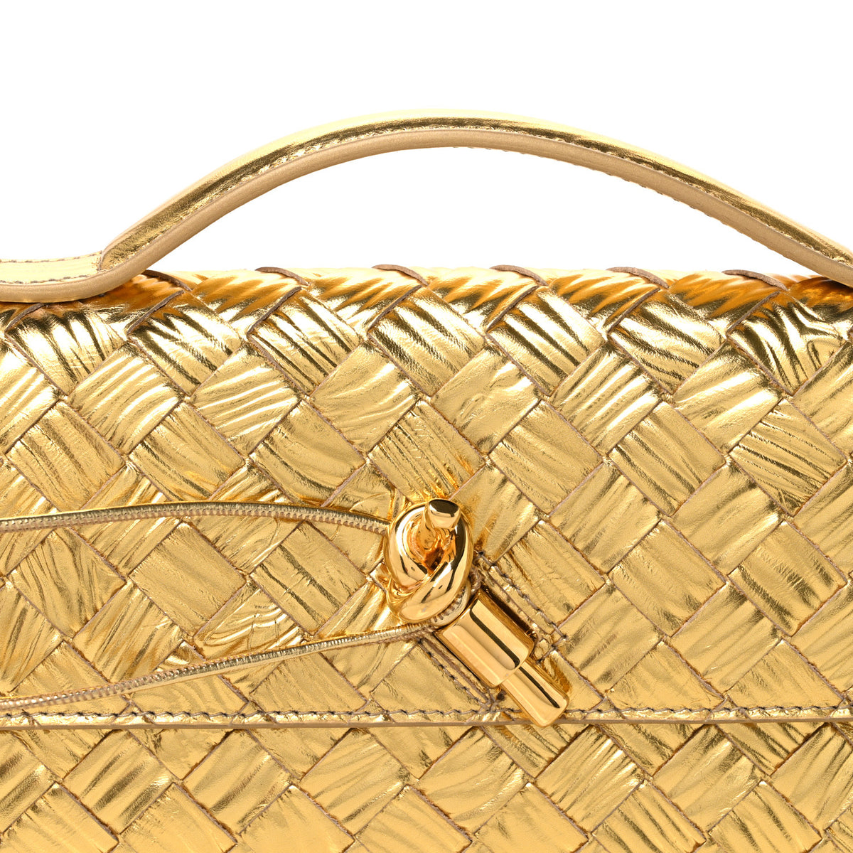 Bottega Veneta Metallic Satin Lambskin Intrecciato Long Andiamo Top Handle Clutch Gold 8 of 10