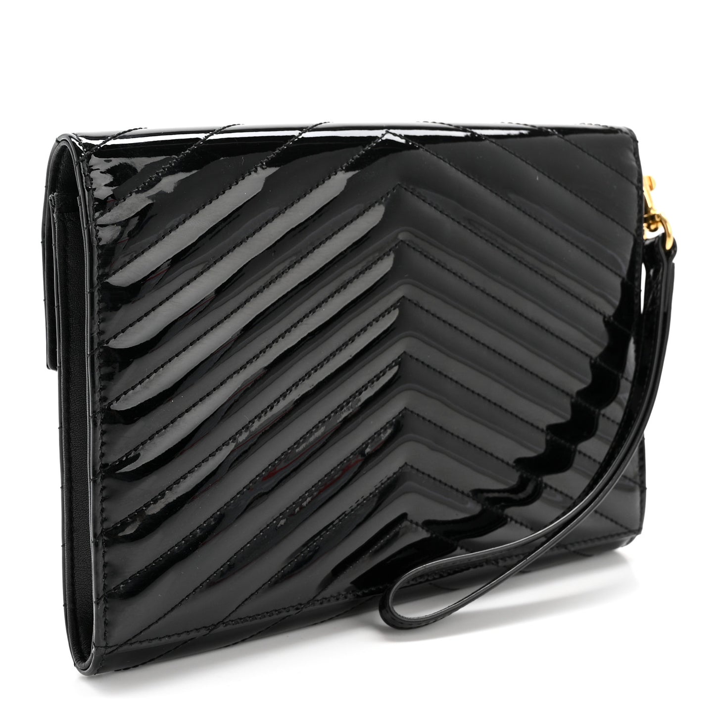 Patent Matelasse Chevron Monogram Envelope Clutch Black
