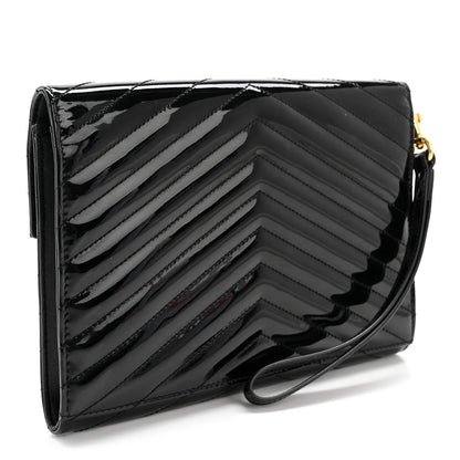 Saint Laurent Patent Matelasse Chevron Monogram Envelope Clutch Black 3 of 10