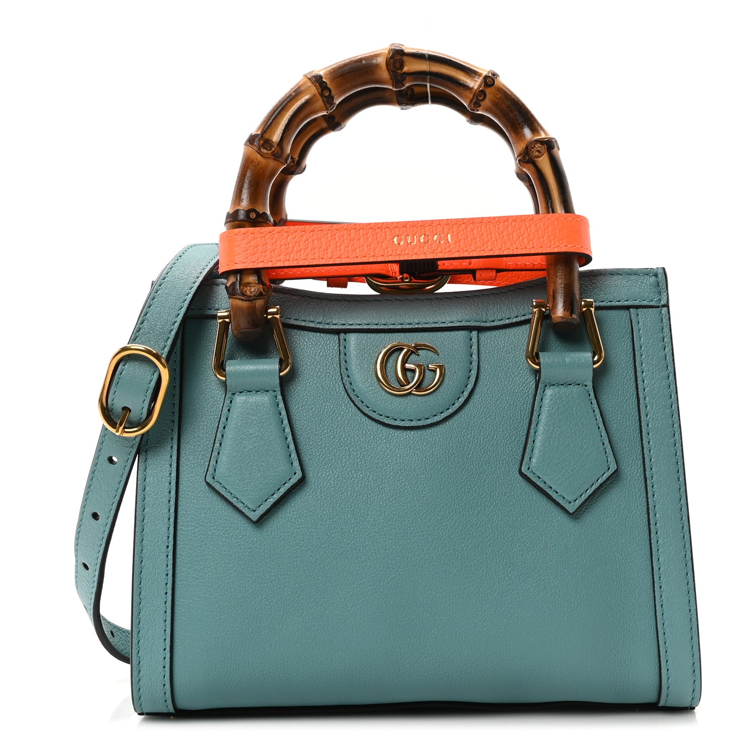 Gucci Textured Dollar Calfskin Web Mini Diana Tote Bag Dusty Azure Deep Orange 1 of 10