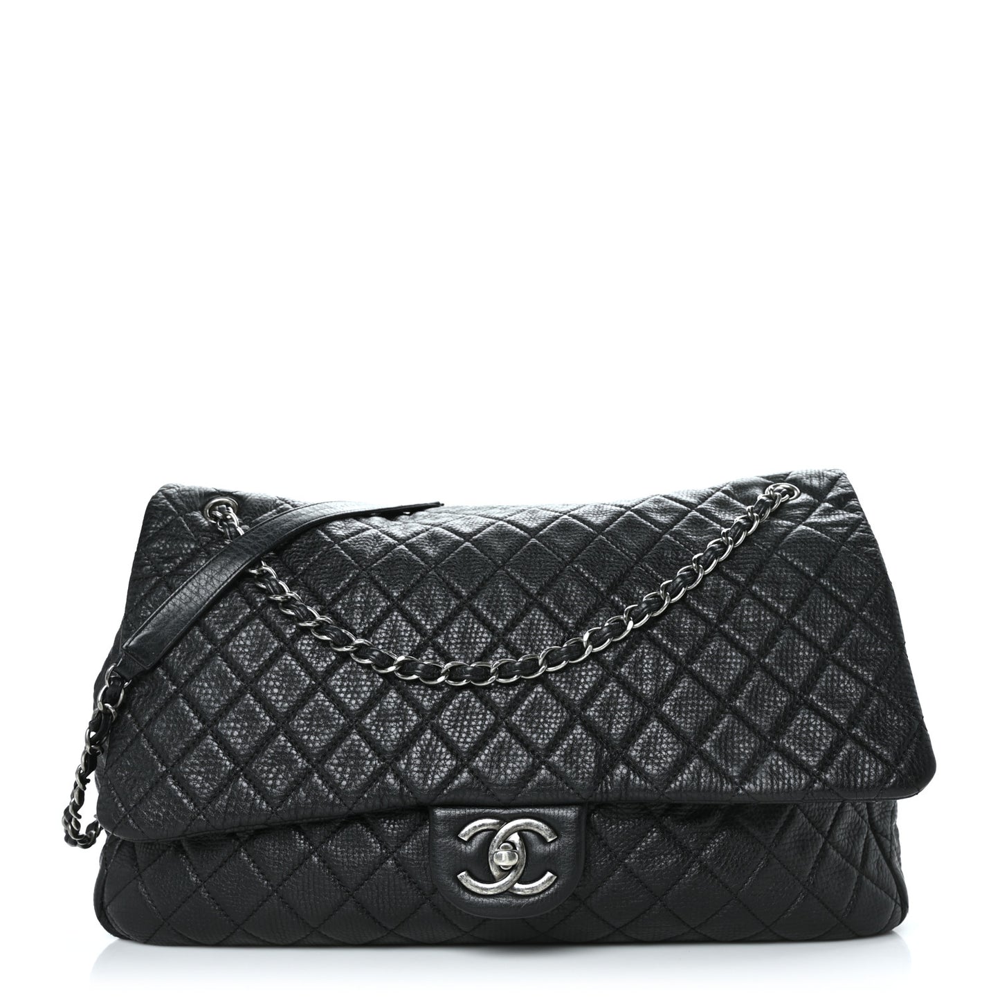 Calfskin Quilted XXL Travel Flap Bag Black