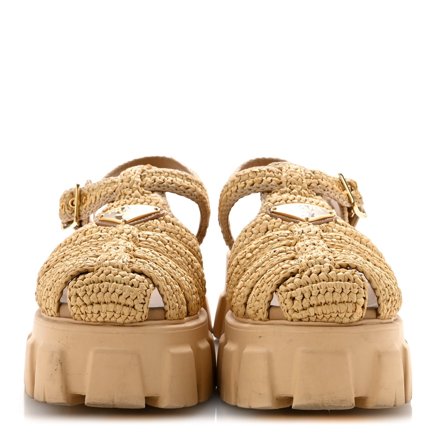 Yarn Raffia Effect Metal Triangle Logo Crochet Monolith 55mm Cage Sandals 38 Naturale