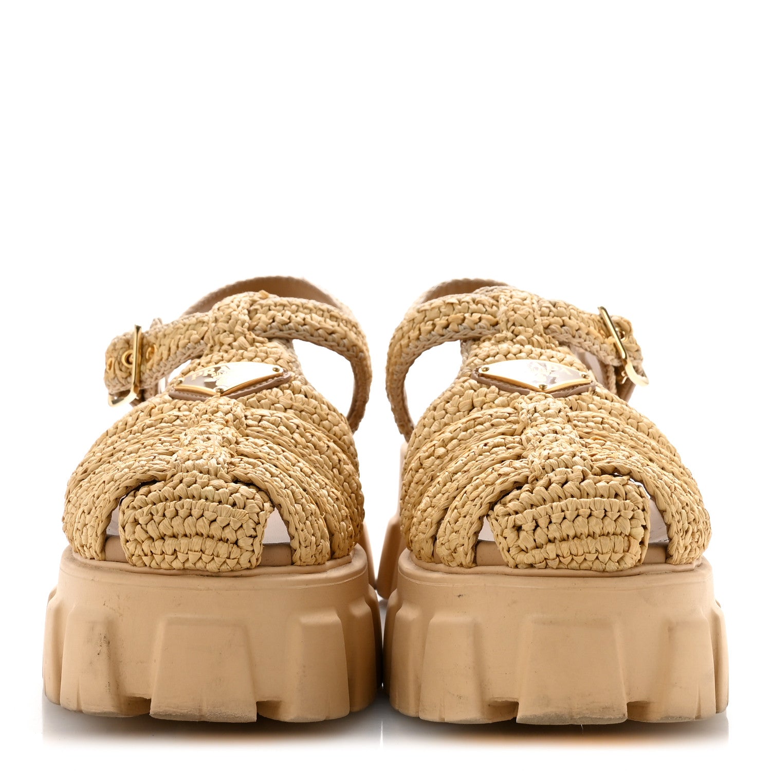 Prada Yarn Raffia Effect Metal Triangle Logo Crochet Monolith 55mm Cage Sandals 38 Naturale 3 of 9