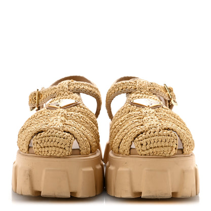 Prada Yarn Raffia Effect Metal Triangle Logo Crochet Monolith 55mm Cage Sandals 38 Naturale 3 of 9