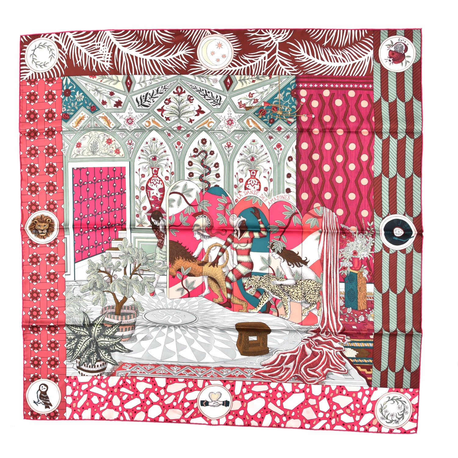 Hermes Silk La Danse Des Amazones Scarf 90 Fuchsia Vert White 1 of 5