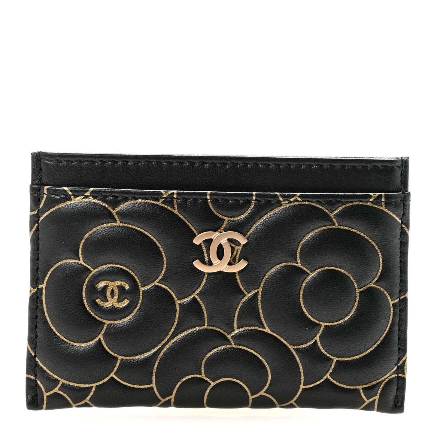 Lambskin Camellia Embossed Card Holder Black Gold