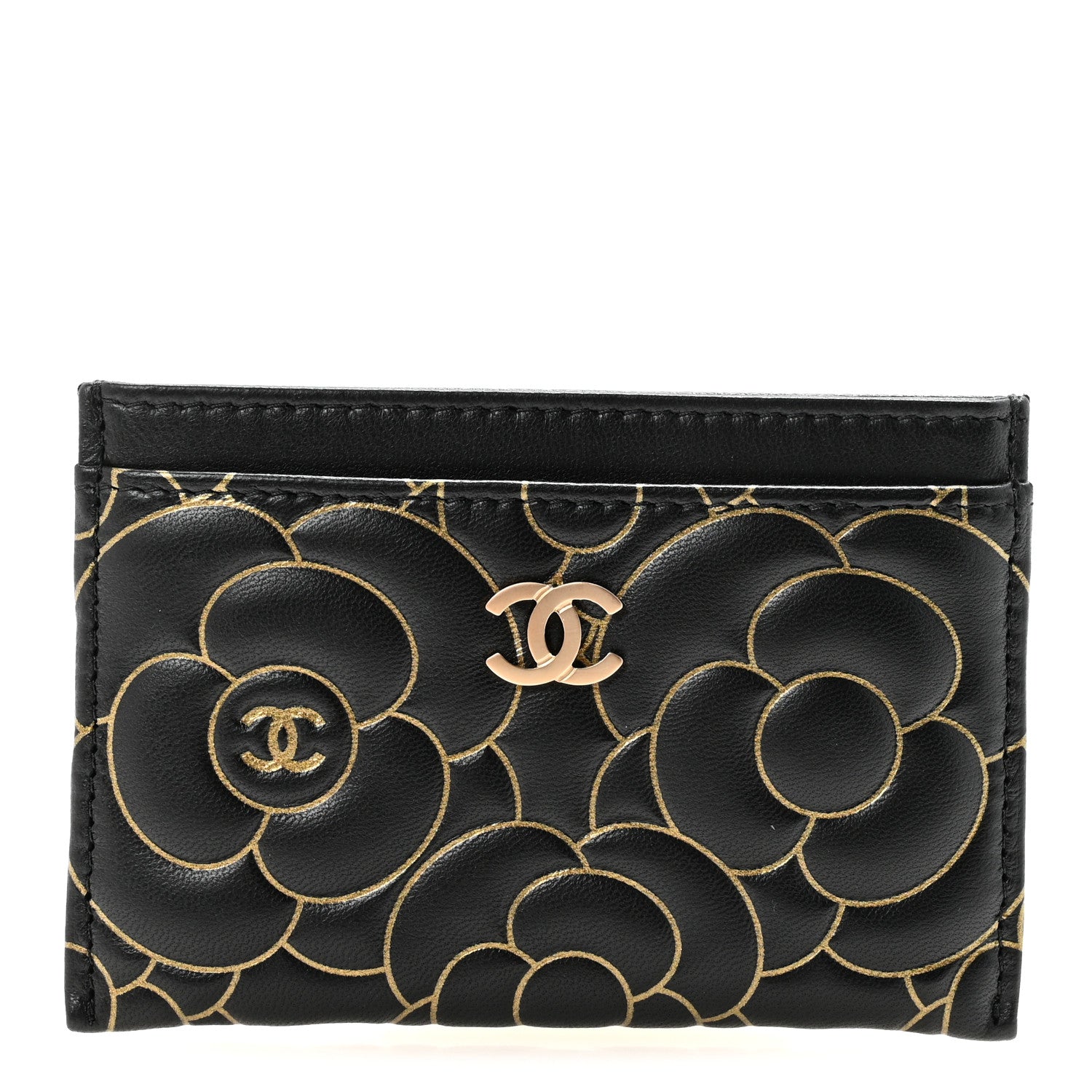Chanel Lambskin Camellia Embossed Card Holder Black Gold 1 of 9
