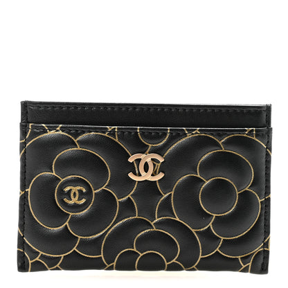 Chanel Lambskin Camellia Embossed Card Holder Black Gold 1 of 9