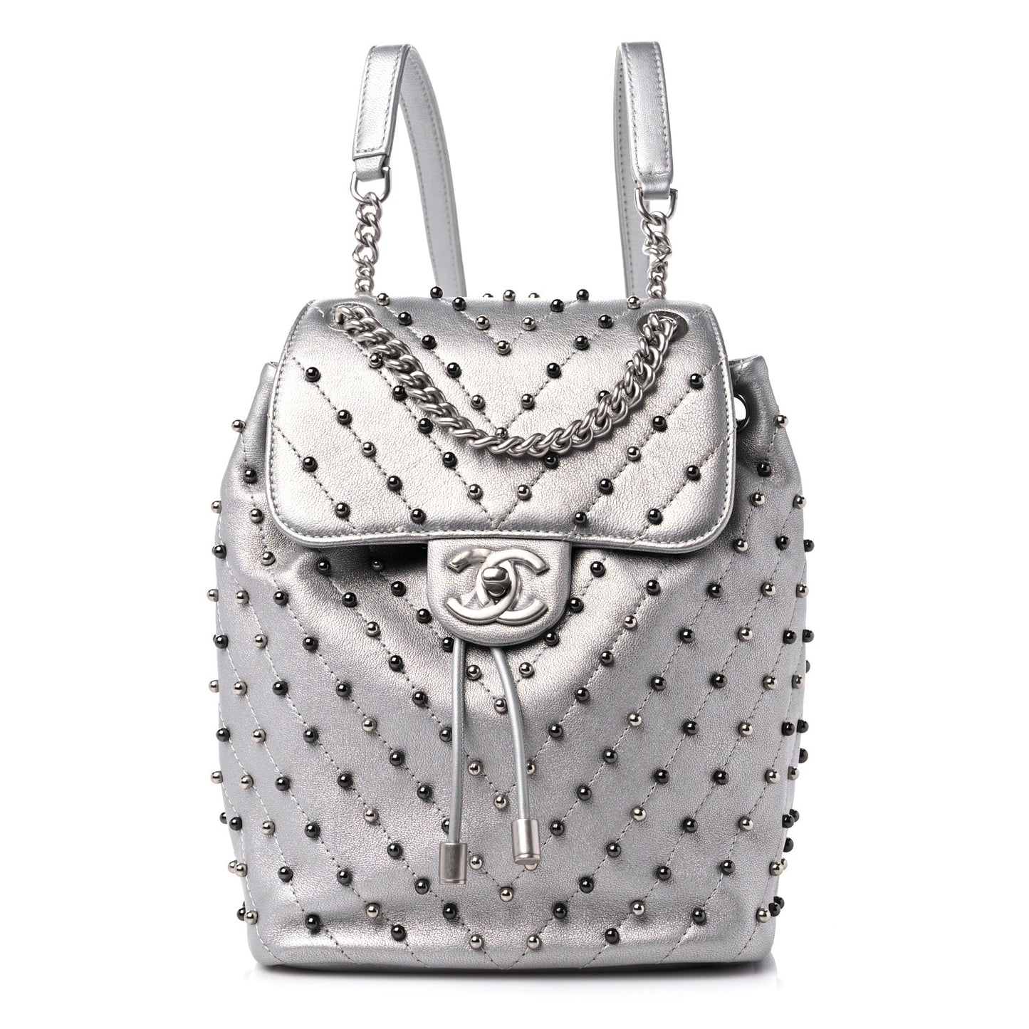 Metallic Lambskin Chevron Quilted Studded Stud Wars Backpack Silver