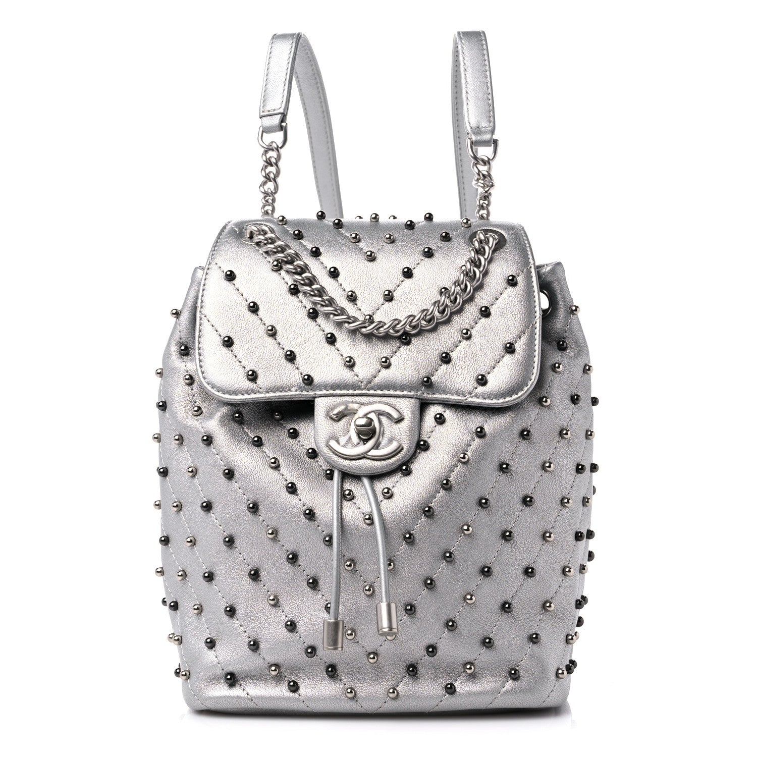 Chanel Metallic Lambskin Chevron Quilted Studded Stud Wars Backpack Silver 1 of 11