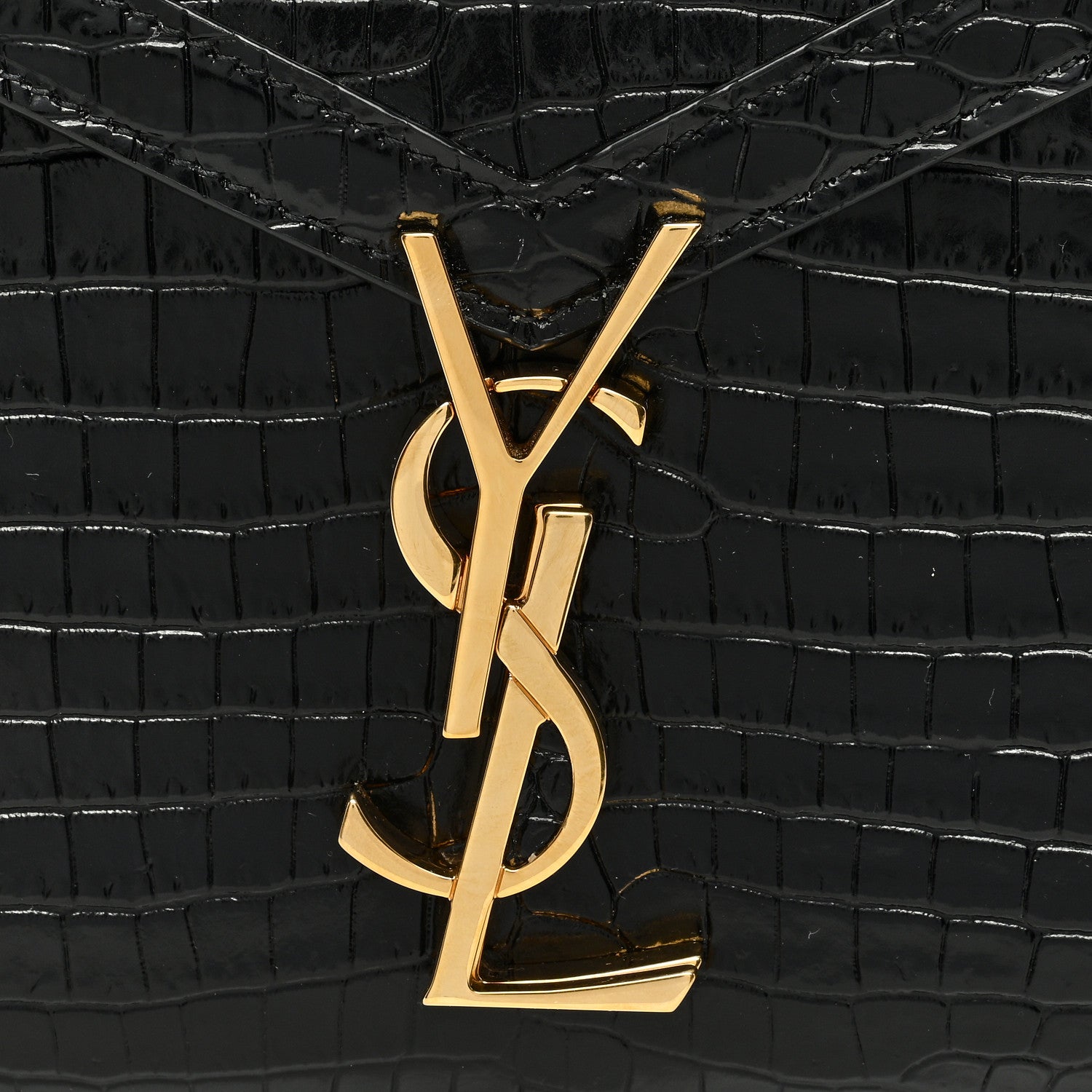 Saint Laurent Calfskin Crocodile Embossed Mini Classic Monogram Cassandra Top Handle Black 7 of 9
