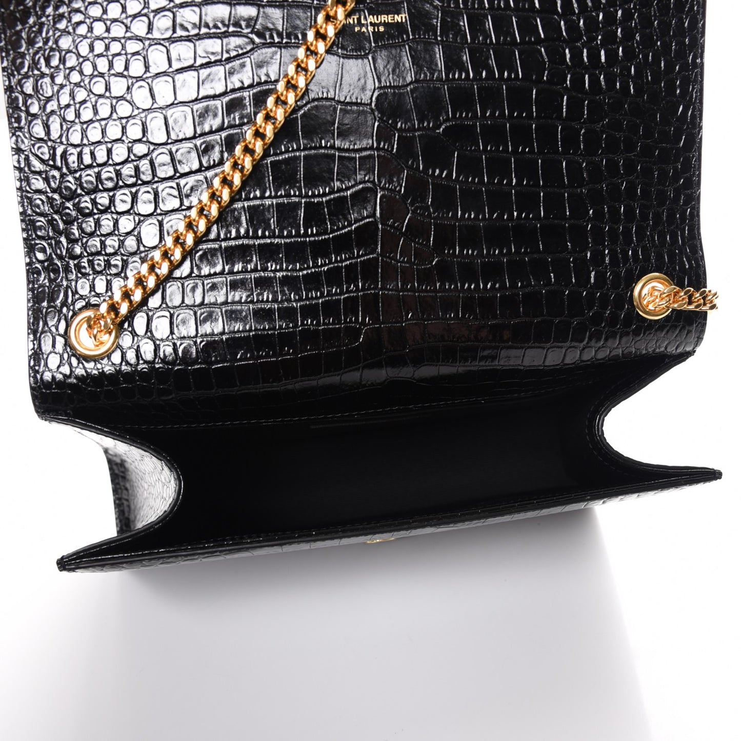 Calfskin Crocodile Embossed Medium Classic Monogram Kate Tassel Satchel Black
