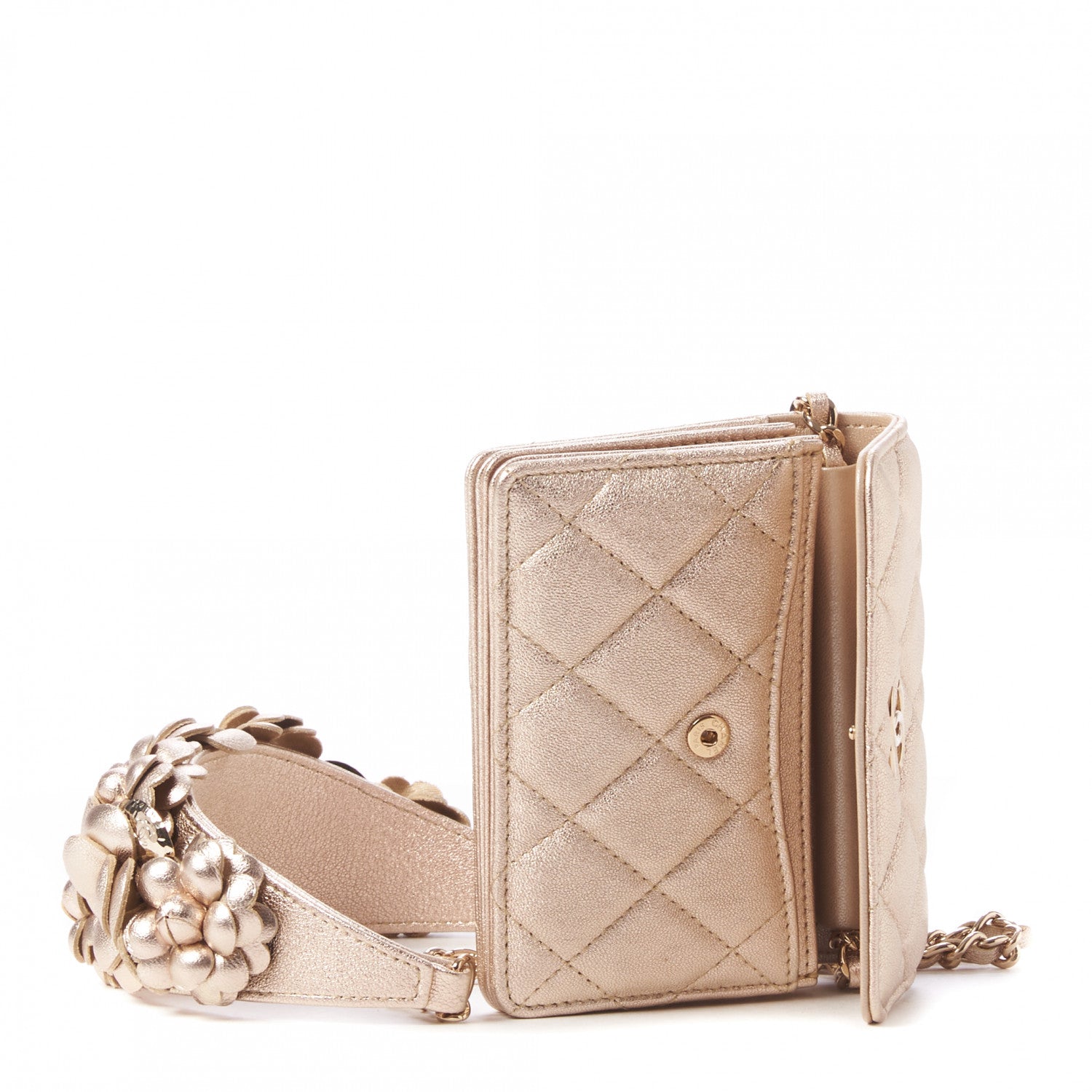 Chanel Metallic Lambskin Quilted Camellia Card Holder On Chain Gold 7 of 10