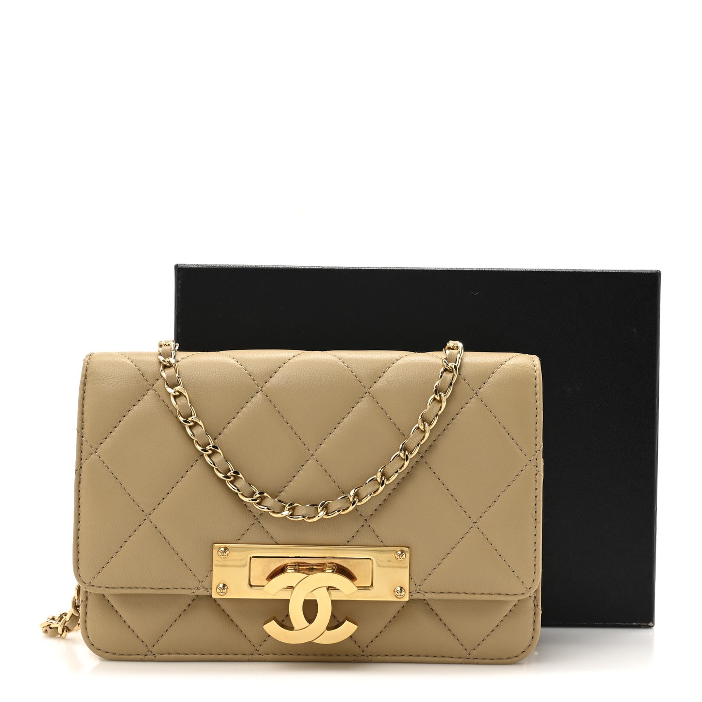 Lambskin Quilted Golden Class Wallet On Chain WOC Dark Beige