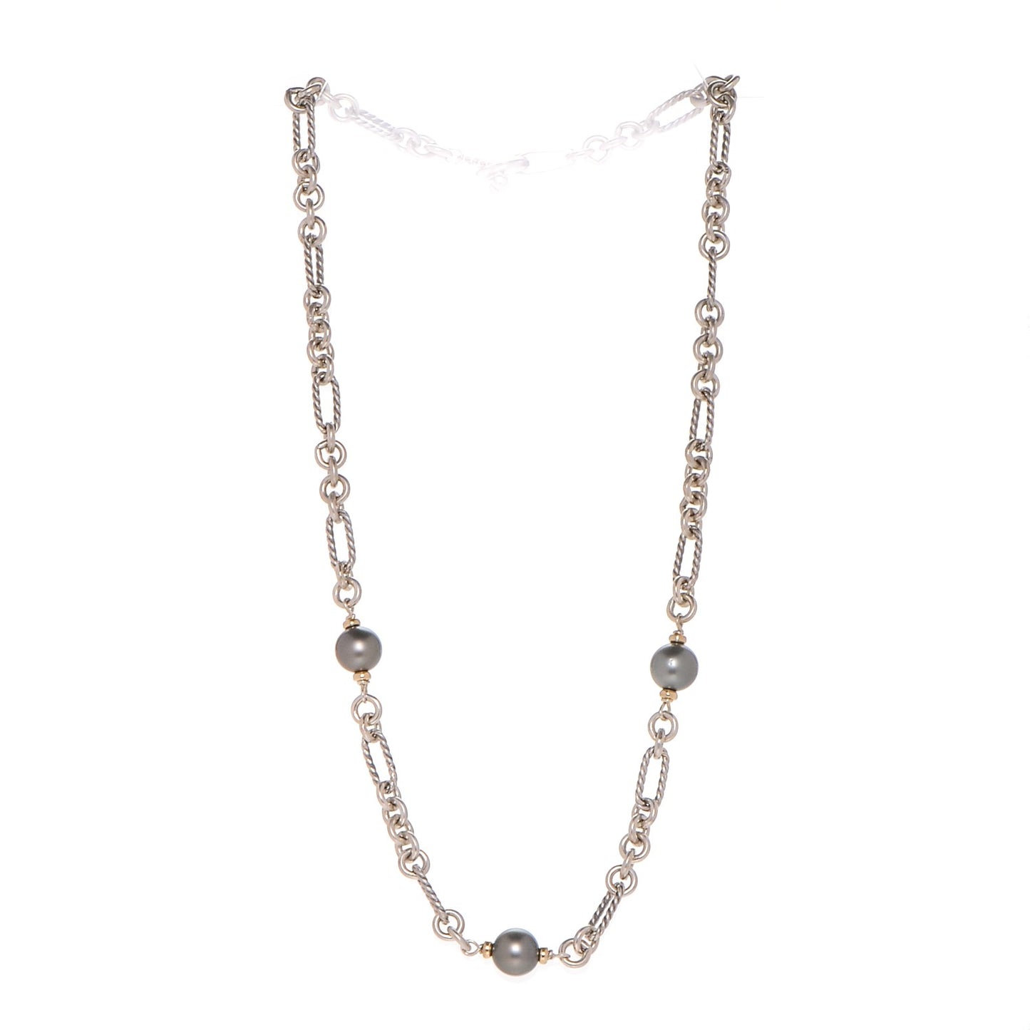 Sterling Silver 18K Yellow Gold Tahitian Pearl Figaro Chain Necklace