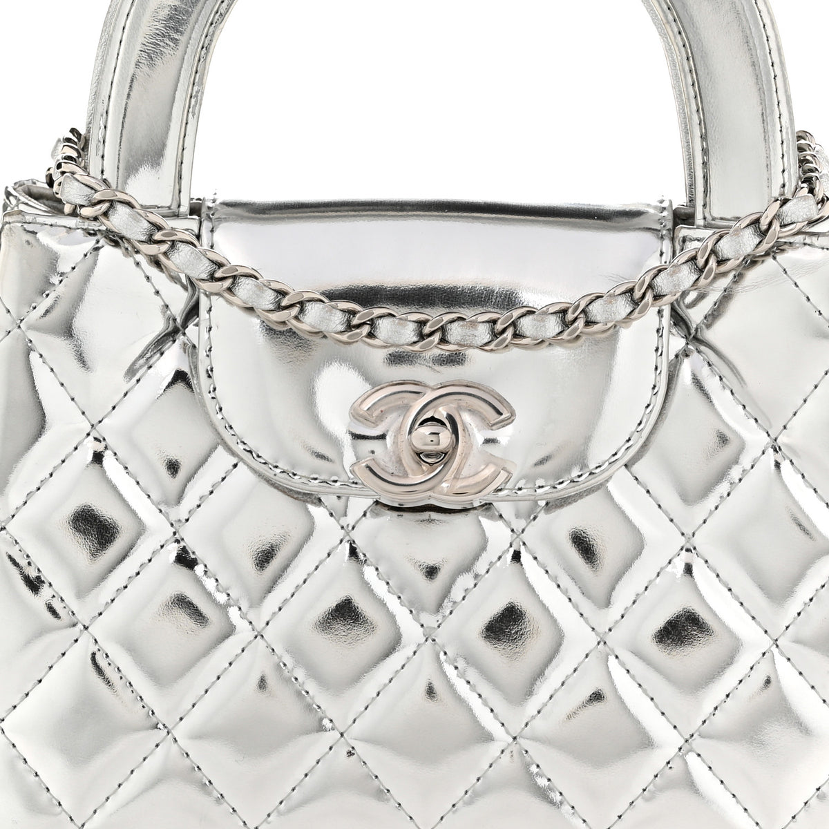 Mirror Calfskin Metallic Calfskin Quilted Nano Kelly Shopper Silvery