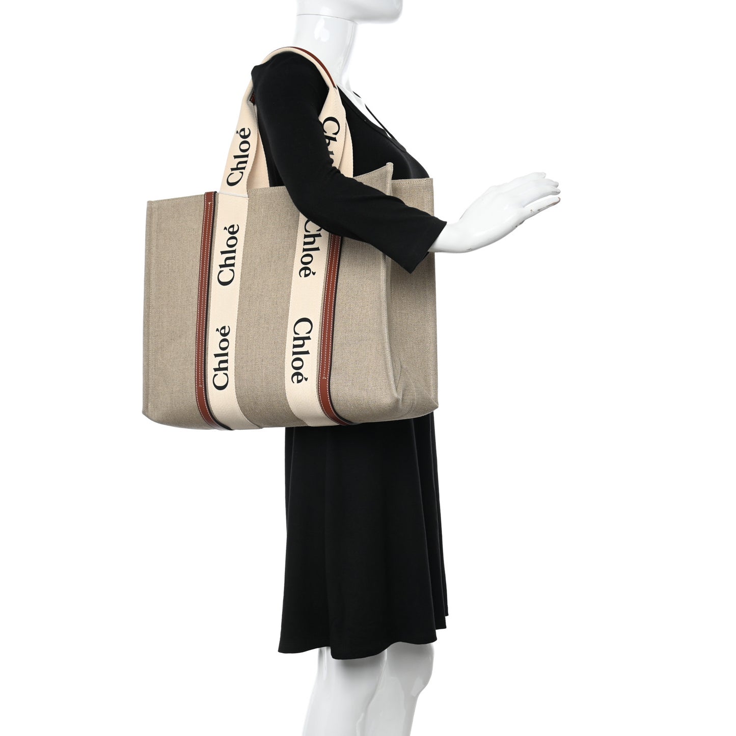 Linen Calfskin Large Woody Ribbon Tote White Brown