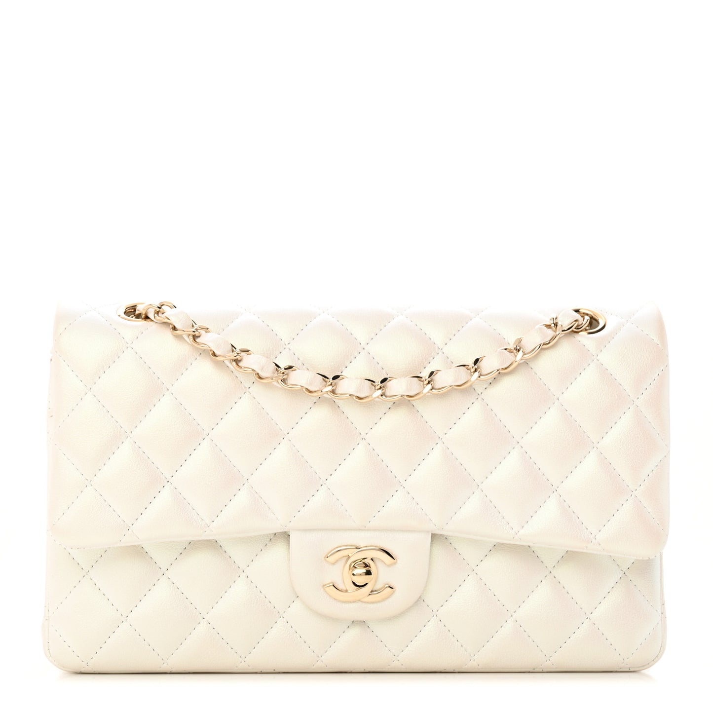 Iridescent Calfskin Quilted Medium Double Flap White