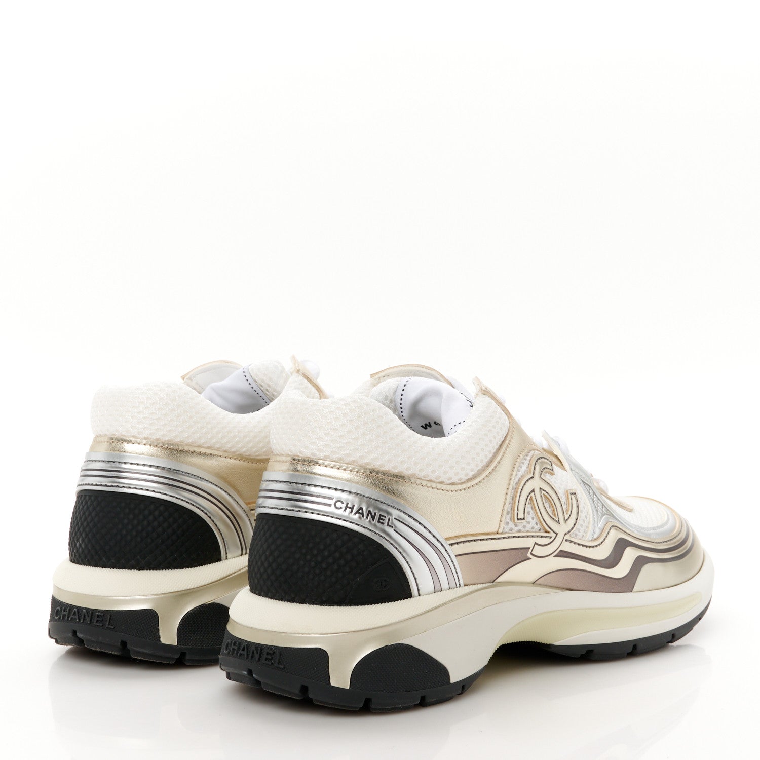 Chanel Fabric Laminated Calfskin Stretch CC Womens Sneakers 39.5 White Gold Silver 5 of 9