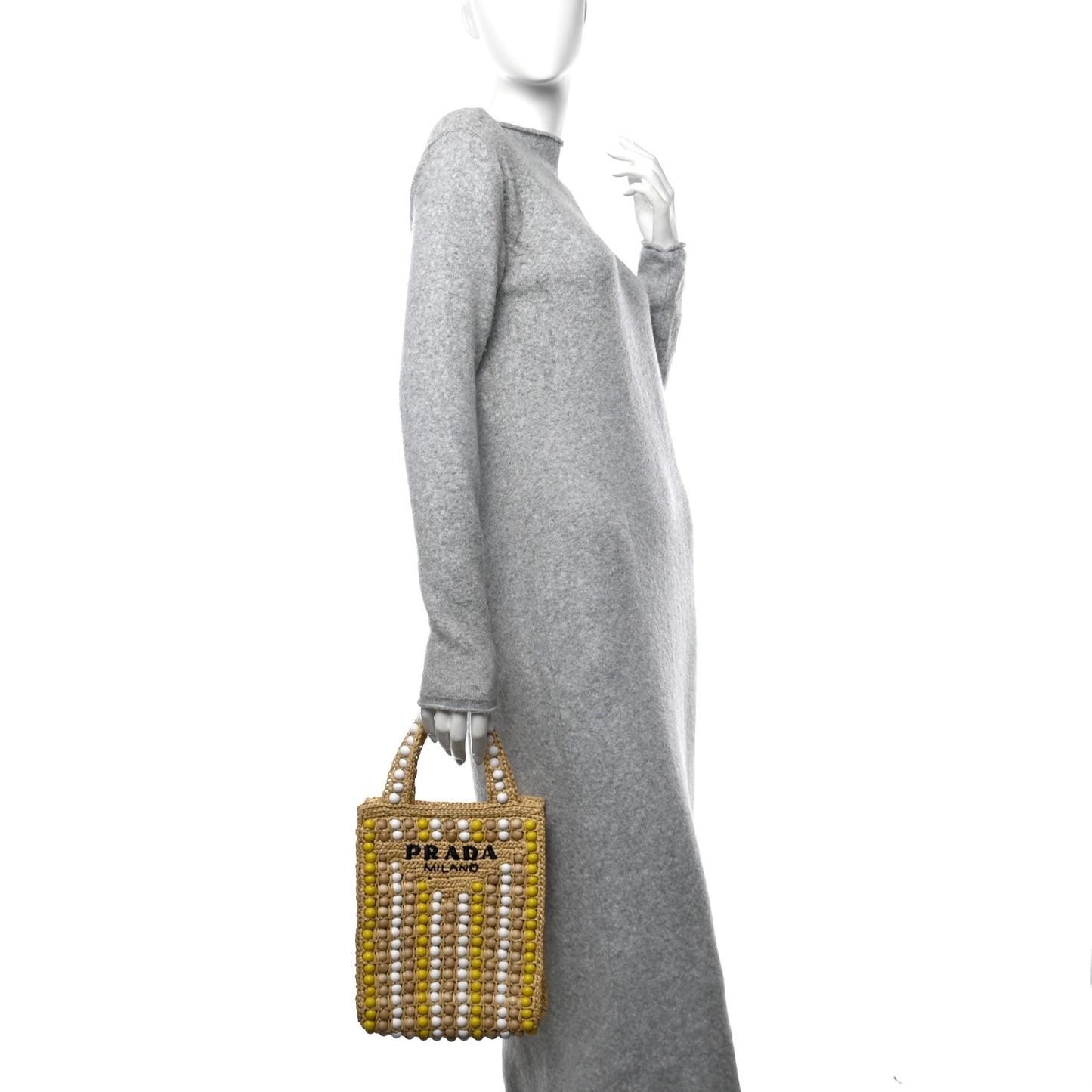 Raffia Wood Bead Embroidered Logo Tote Bag Naturale