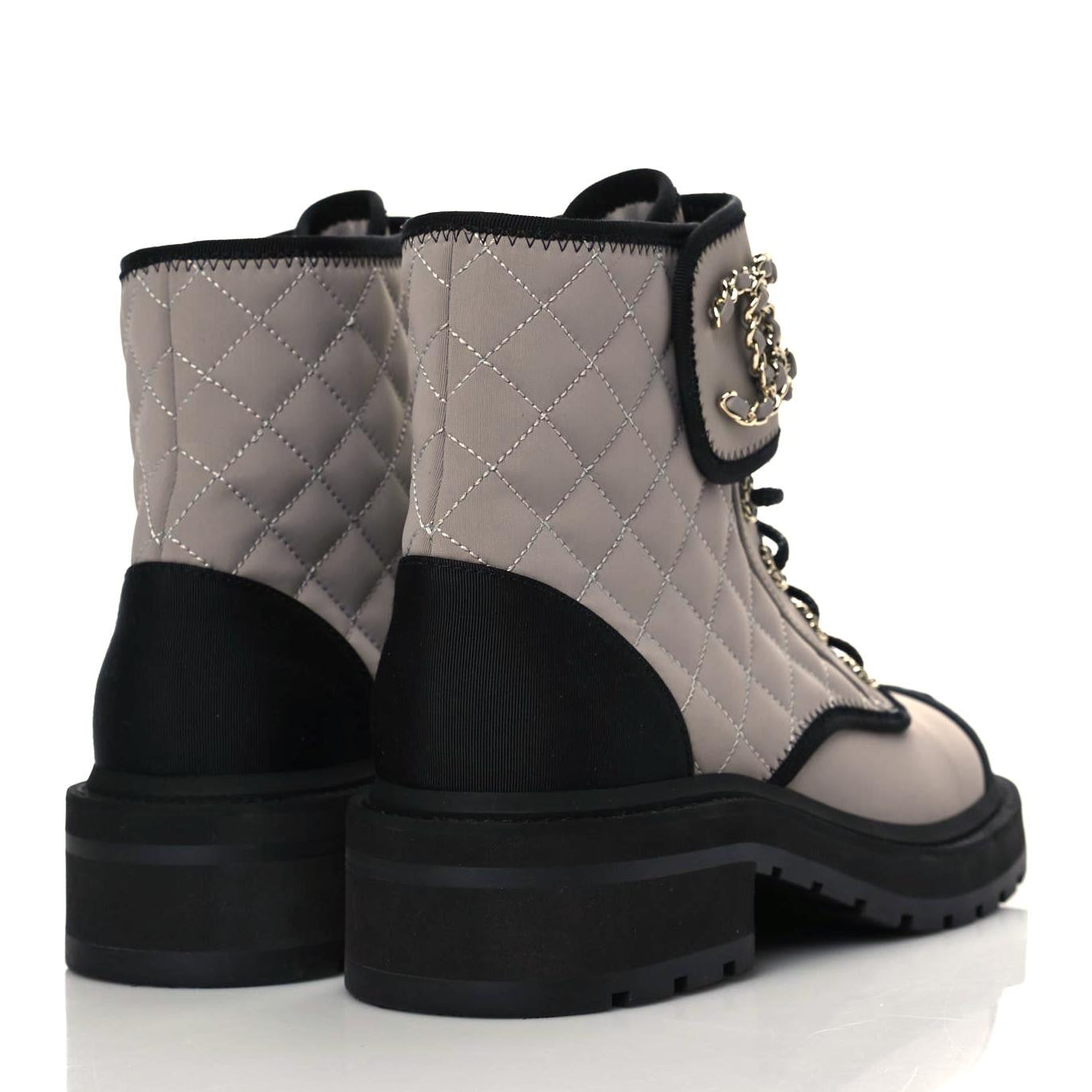 Chanel Fabric Grosgrain Quilted Cap Toe Lace Up Combat Boots 38.5 Gray 4 of 8