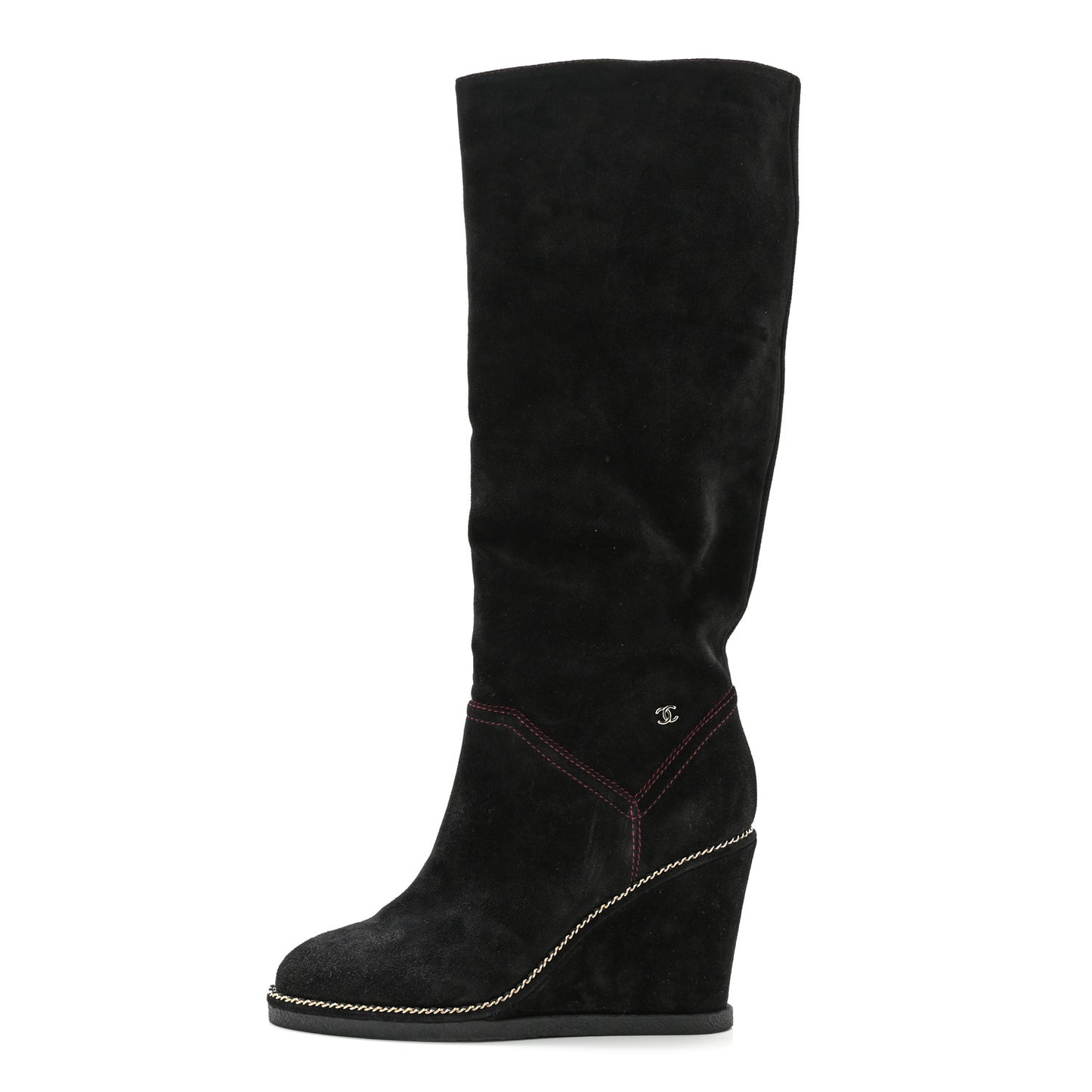 Suede Calfskin Chain Around High Boots 40 Black