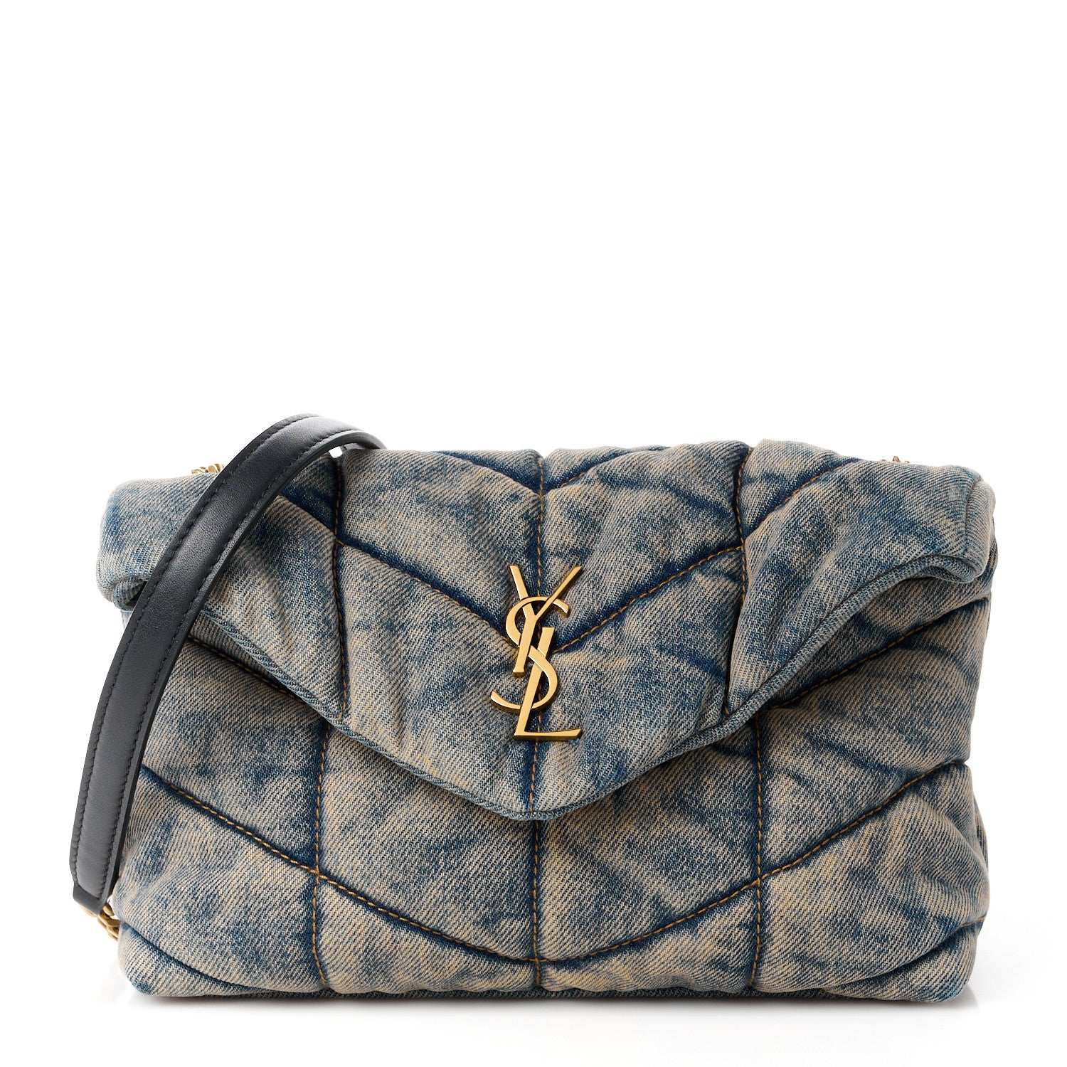Saint Laurent Denim Quilted Toy Loulou Puffer Monogram Chain Satchel Blue Black 1 of 10