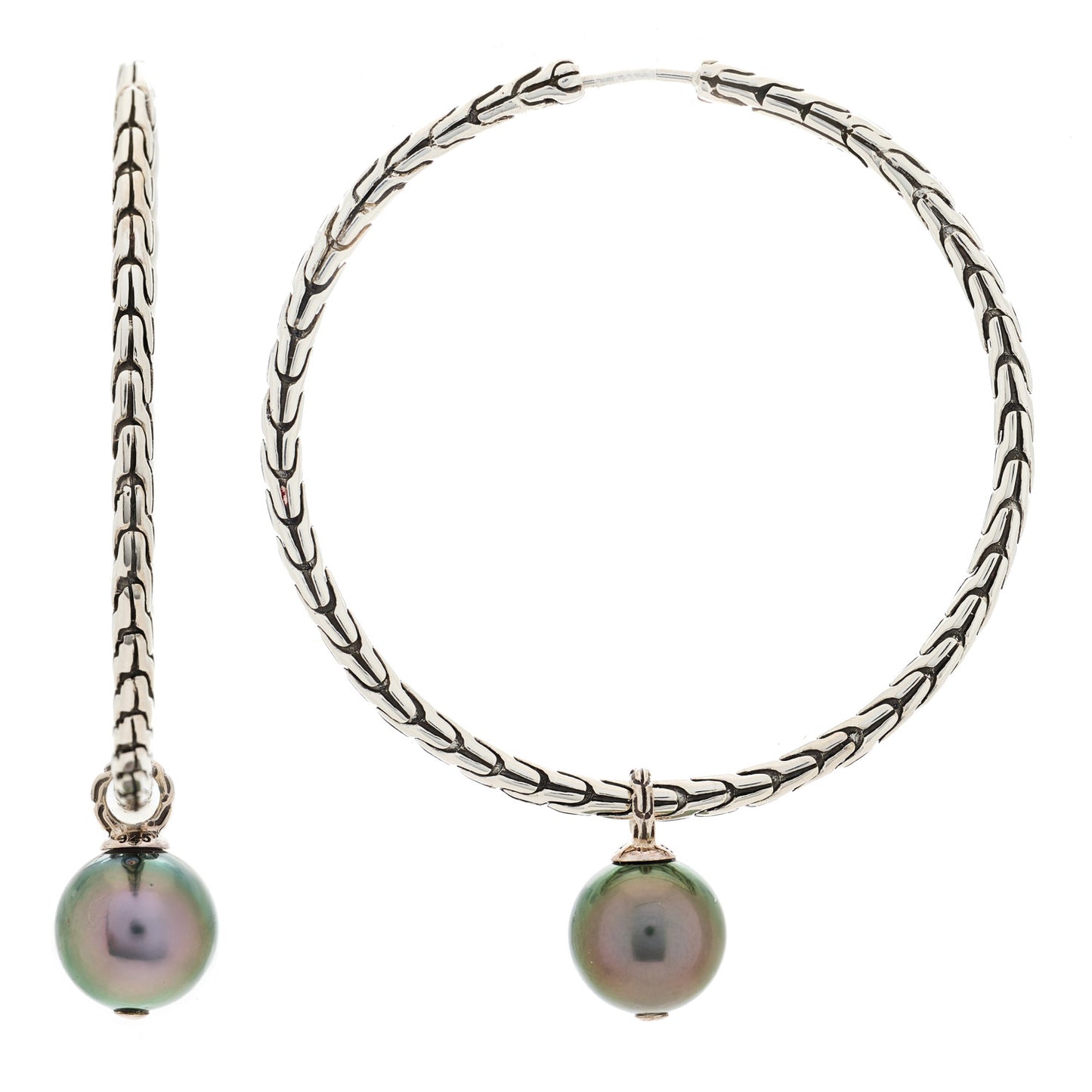 Sterling Silver Tahitian Pearl Drop Hoop Earrings