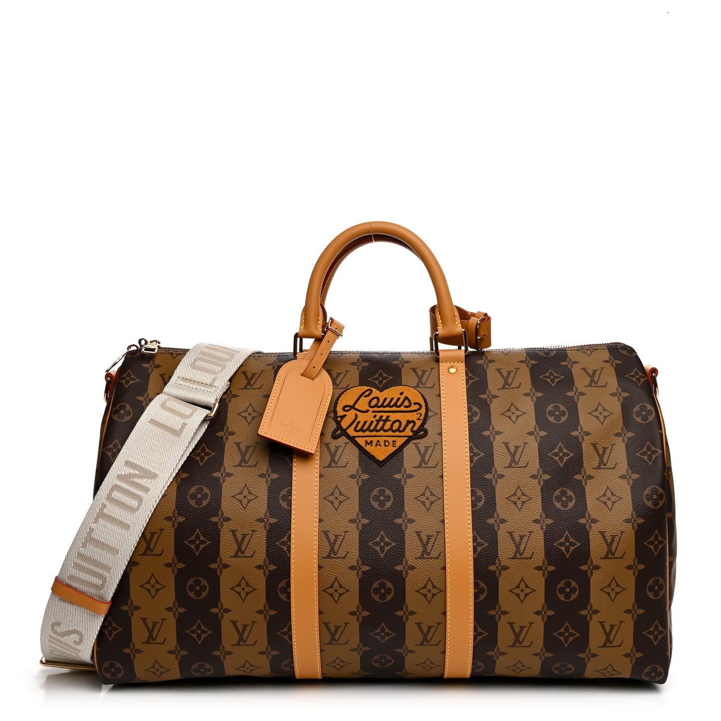 X NIGO Reverse Monogram Stripe Keepall Bandouliere 50 Brown