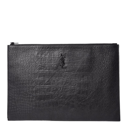 Saint Laurent Calfskin Crocodile Embossed Monogram Document Holder Black 1 of 11