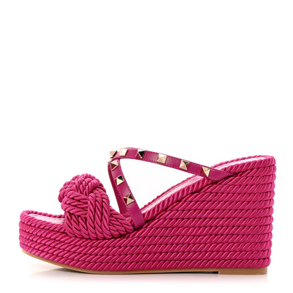 Valentino Garavani Calfskin Silk Rockstud Torchon Espadrille Wedge 25/95mm Slide Sandals 37 Rose Violet 1 of 16