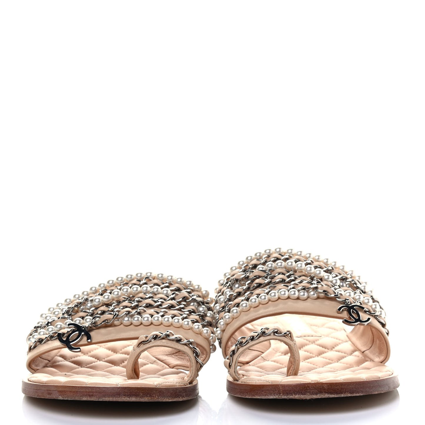 Pearl Lambskin Chain Flat Sandals 39 Beige