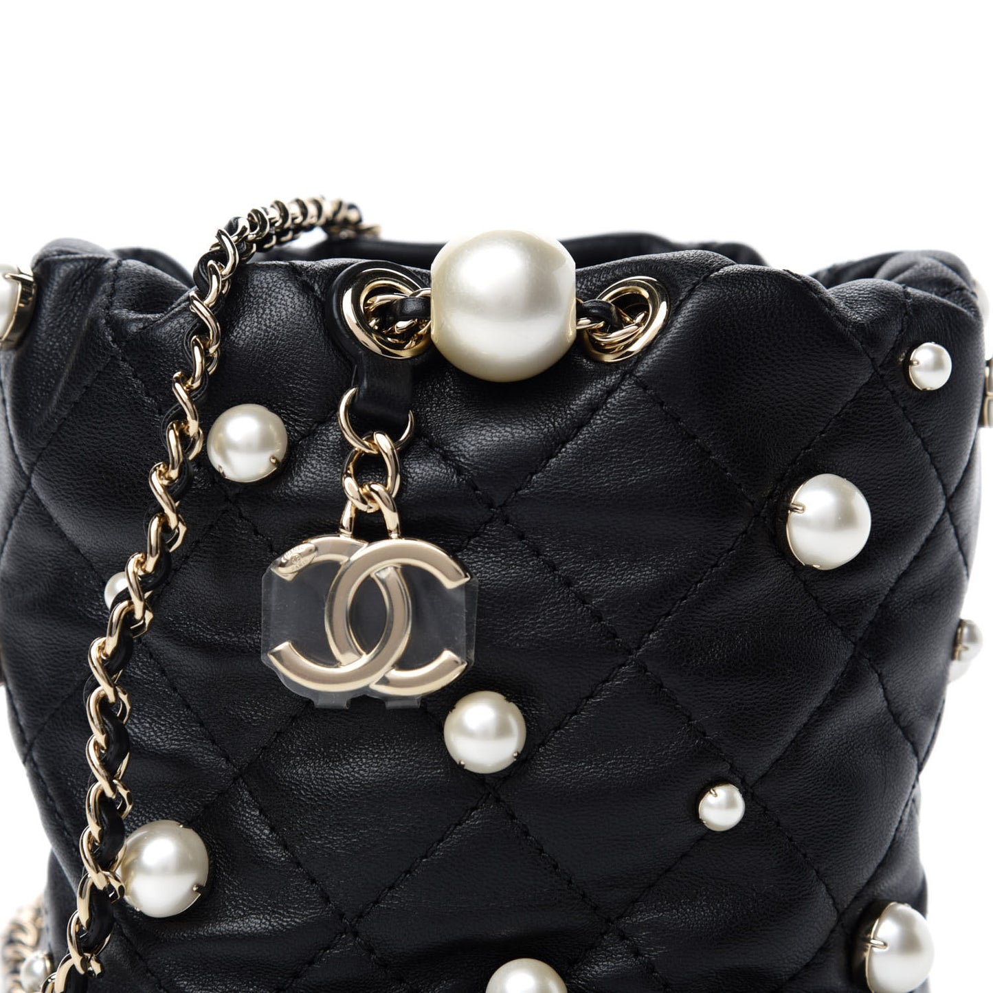 Lambskin Quilted Pearl Mini About Pearls Drawstring Bag Black