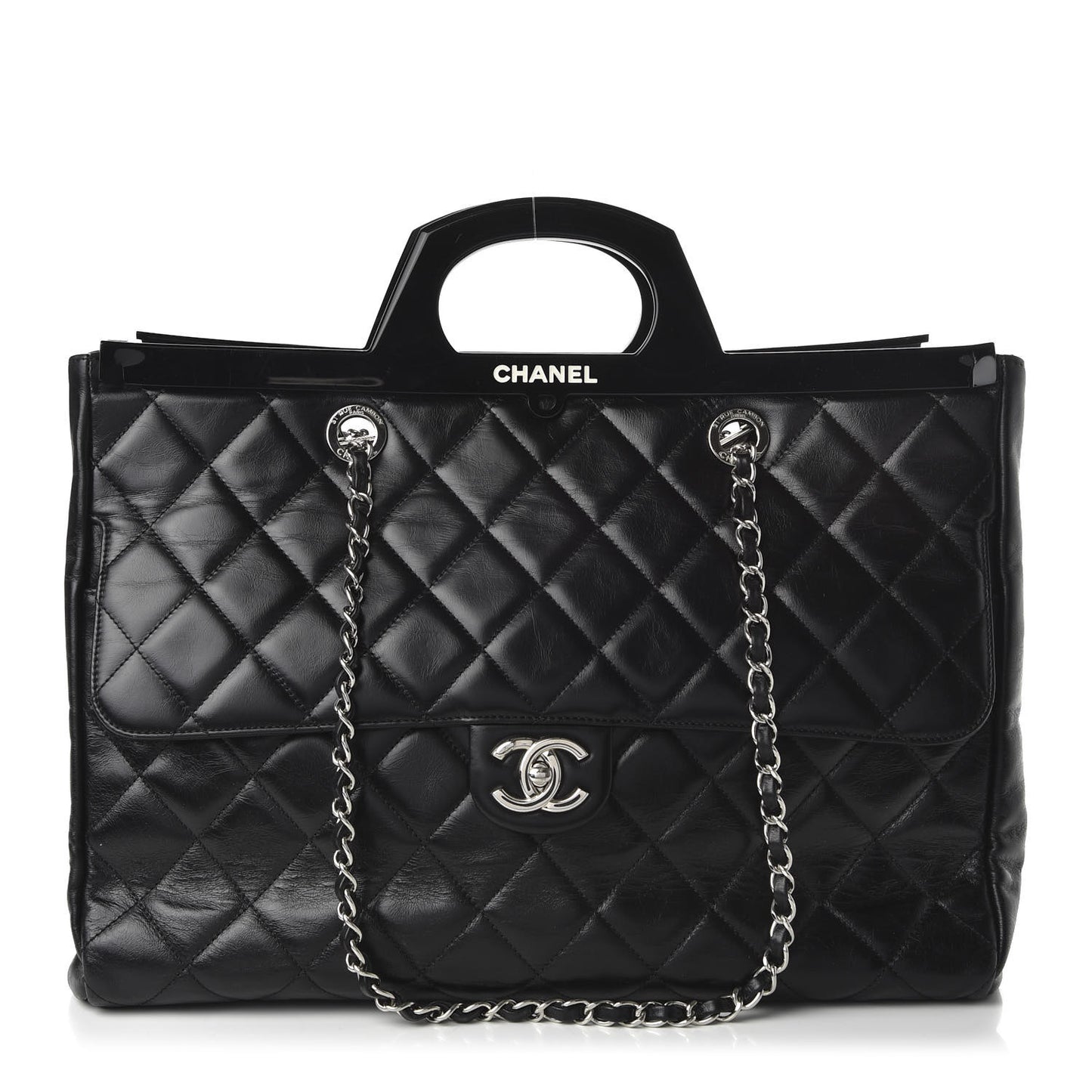 Glazed Calfskin Quilted Large CC Delivery Tote Black