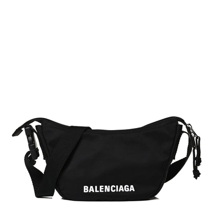 Balenciaga Recycled Sport Nylon Logo Embroidered Wheel Sling Bag Black White 1 of 10