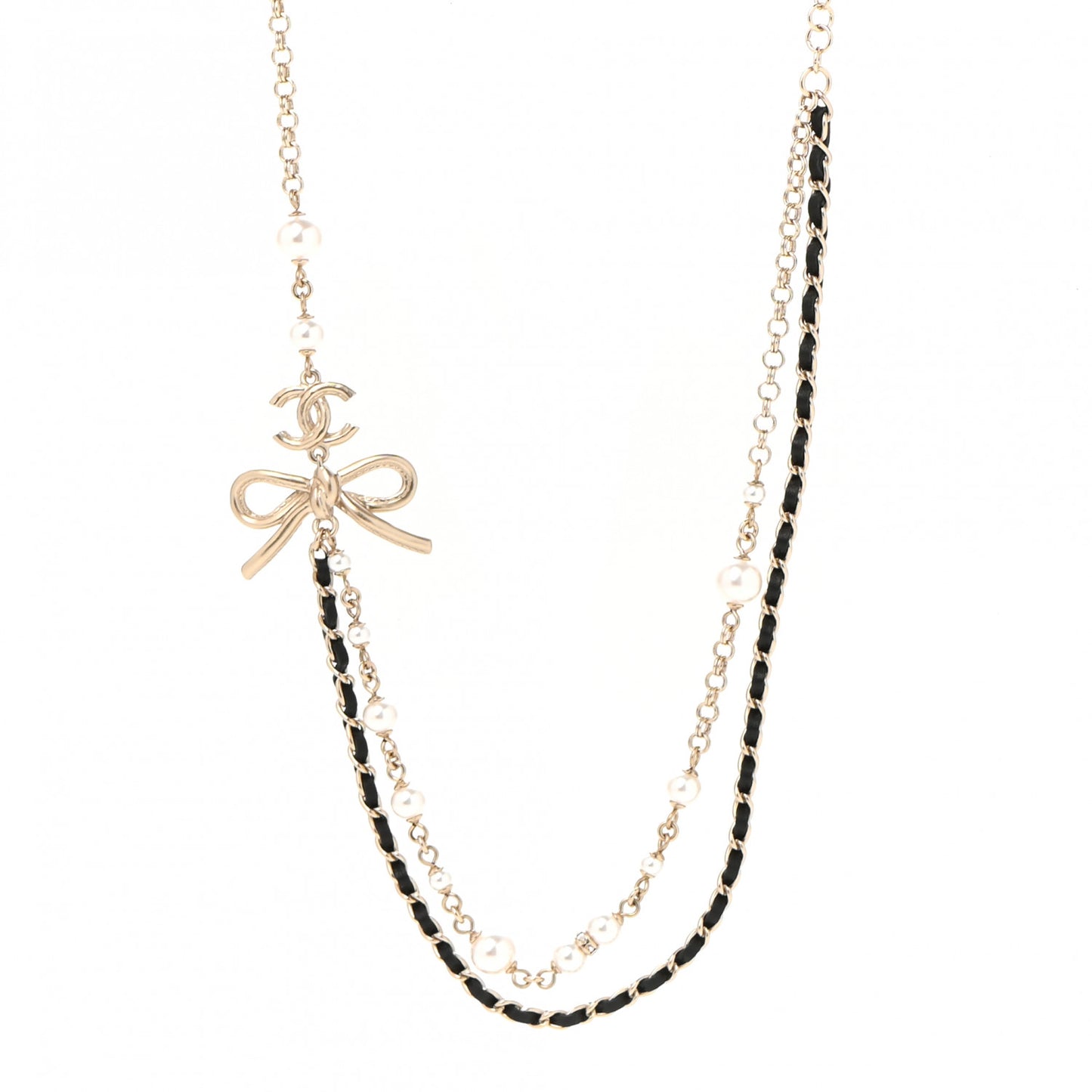 Calfskin Pearl Metal CC Bow Necklace Gold White Black