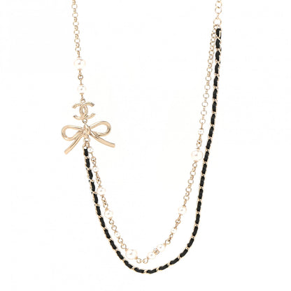 Chanel Calfskin Pearl Metal CC Bow Necklace Gold White Black 1 of 6
