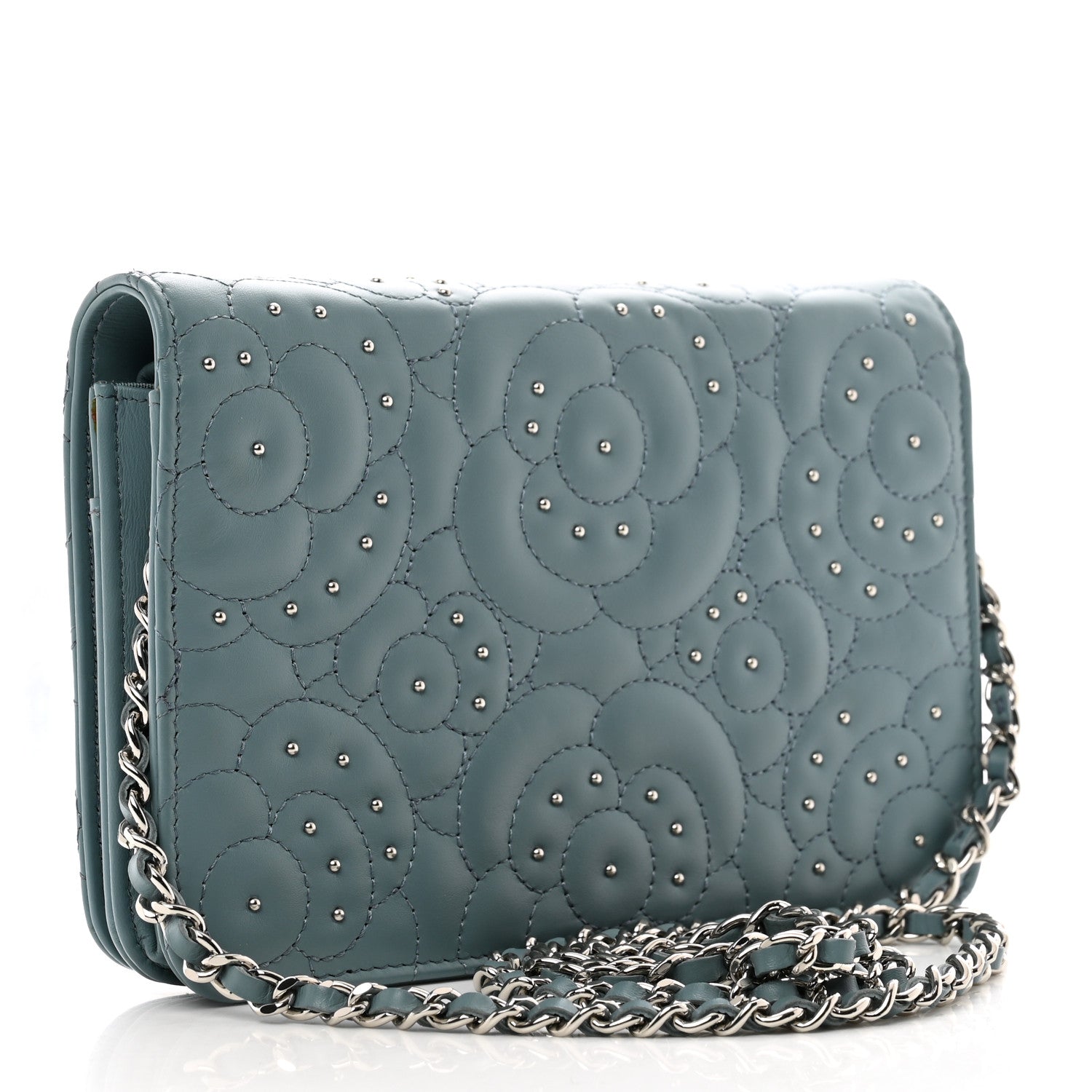 Chanel Lambskin Camellia Studded Wallet on Chain WOC Blue 3 of 12