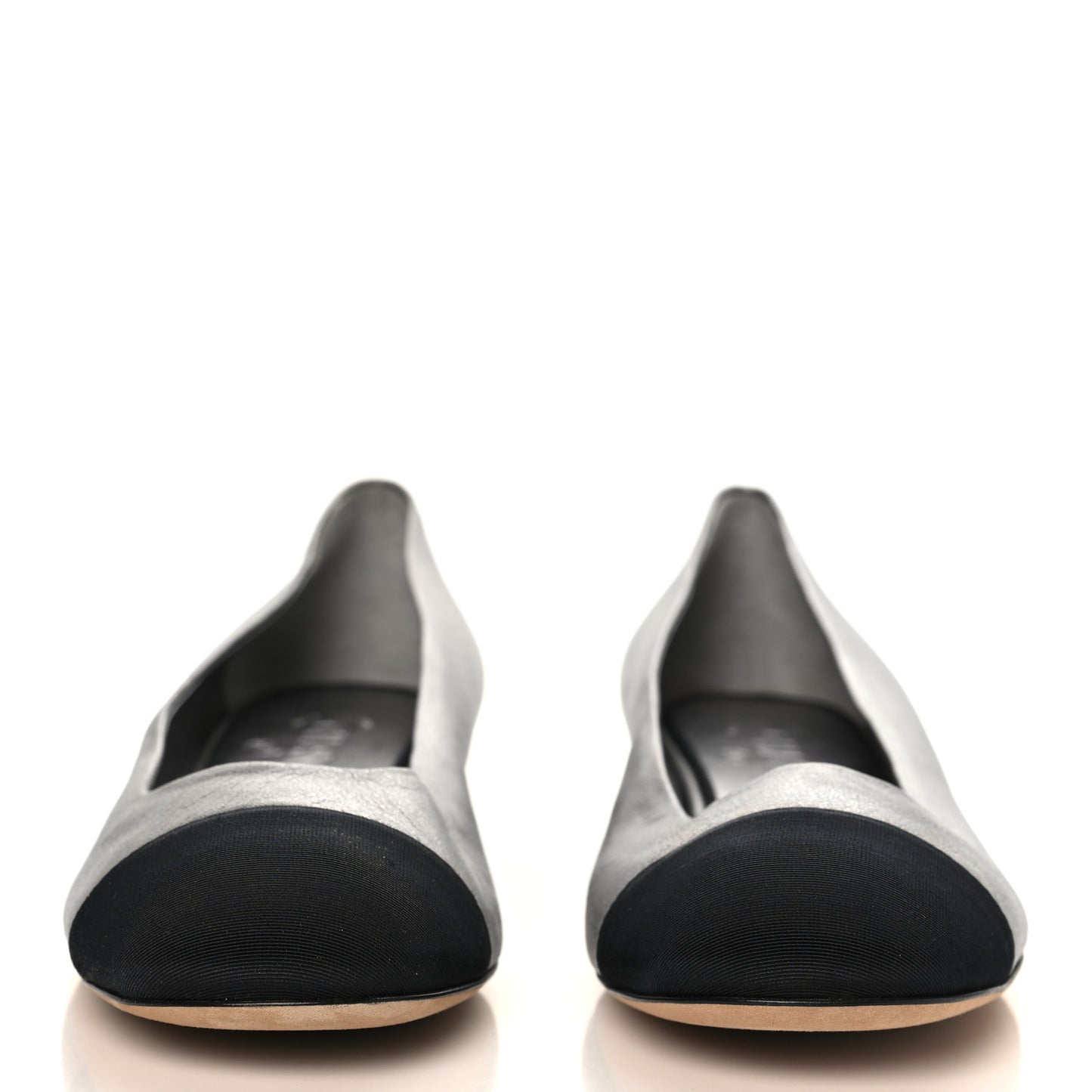 Metallic Calfskin Grosgrain Cap Toe CC Ballerina Flats 40 Silver Black