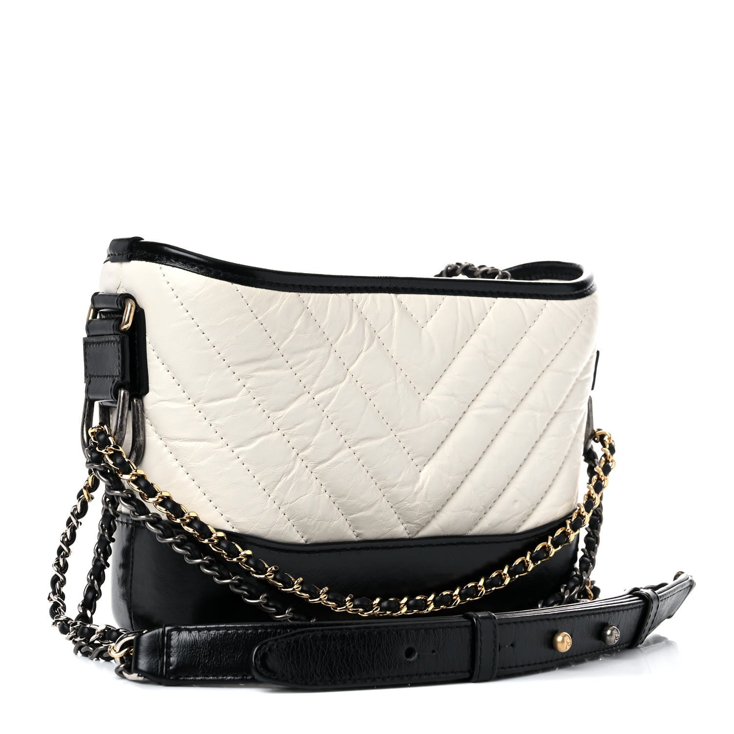 Chanel Aged Calfskin Chevron Quilted Small Gabrielle Hobo Black White 4 of 10