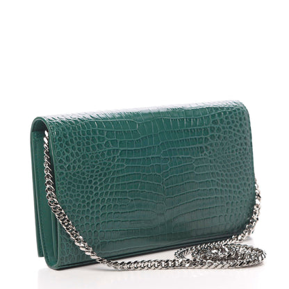 Saint Laurent Calfskin Crocodile Embossed Monogram Chain Wallet Water Green 3 of 11