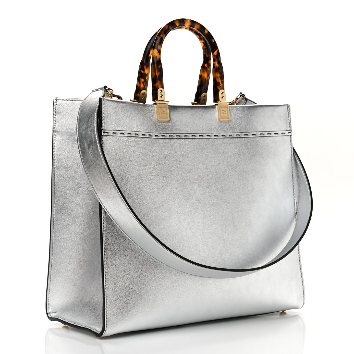 Vitello Catalan Mirror Plexiglass Logo Embossed Medium Fendi Sunshine Shopper Tote Argento