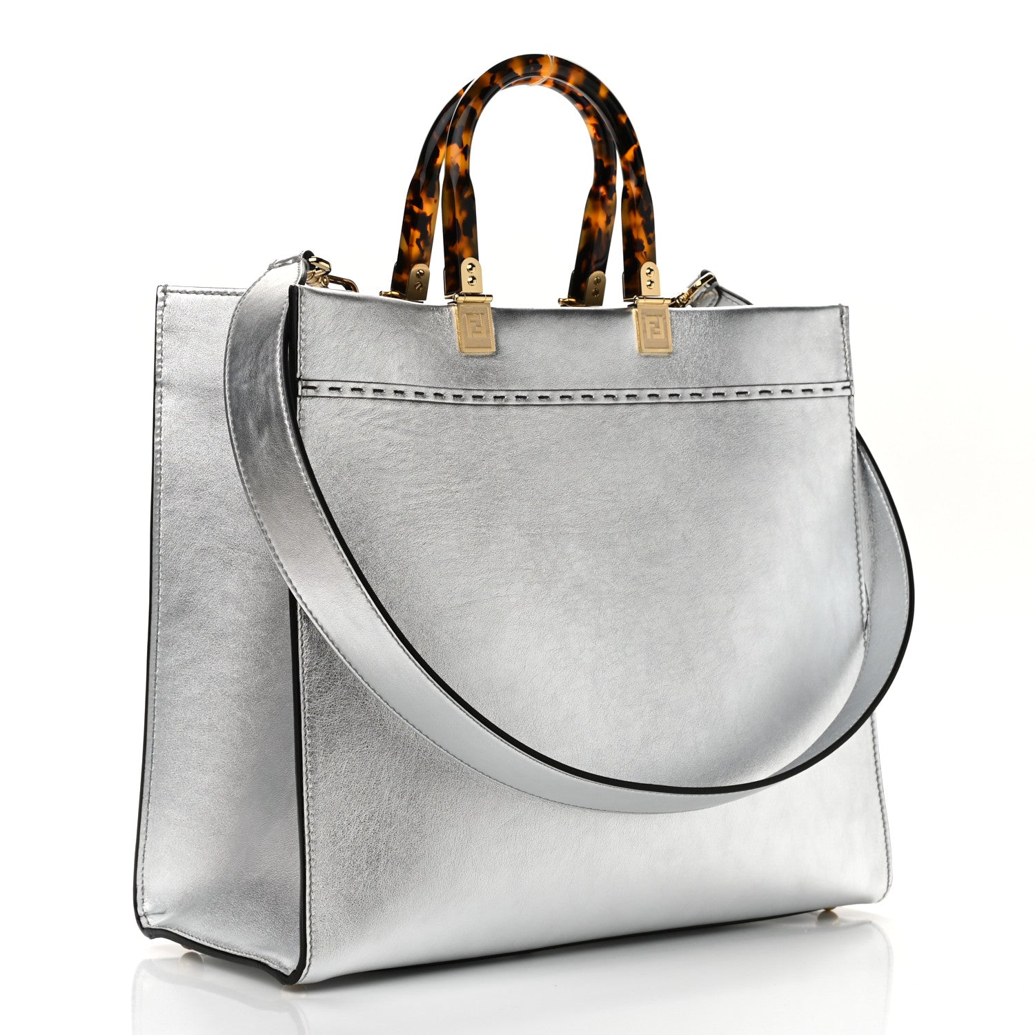 Fendi Vitello Catalan Mirror Plexiglass Logo Embossed Medium Fendi Sunshine Shopper Tote Argento 3 of 10